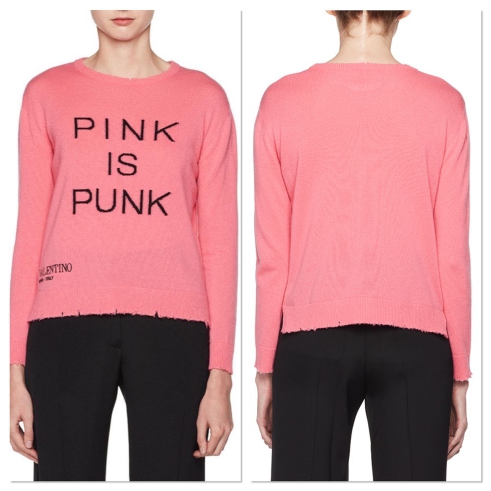 Valentino PINK IS PUNK pink and black graphic lightweight wool cashmere sweater